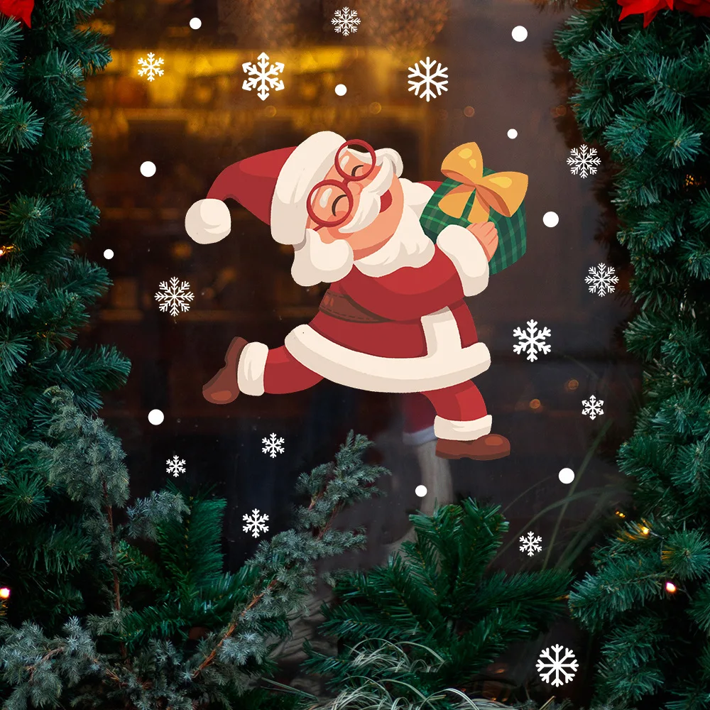 1pc Dancing Santa Claus Snowflake Gift Box Home Decoration Glass Doors and Windows Stickers