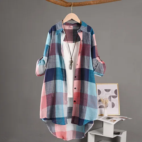 Camisa a cuadros para mujer, blusas informales, Tops para mujer, camisas de manga larga, blusa elegante, ropa de algodón de lino a cuadros