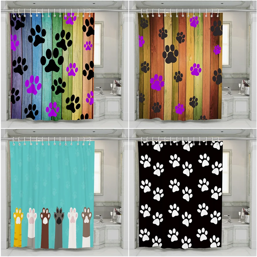 

Funny Animal Cartoon Shower Curtain Cat Dog Paw Print Bulldog Bathroom Decor Curtain Luxury Polyester Fabric Bathtub Screen Hook