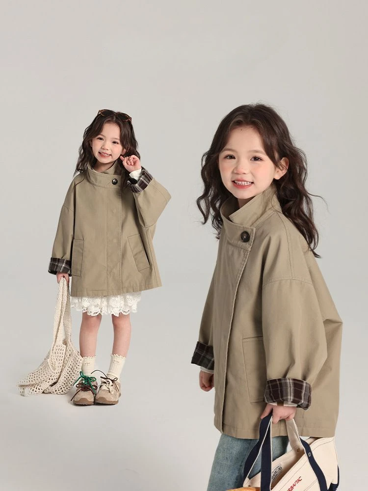 Kids Girls Cotton Teens Spring Autumn Windbreaker Coats Khaki Princess Oversize Coat Medium Long Outerwear Trench Clothes 1-12Y