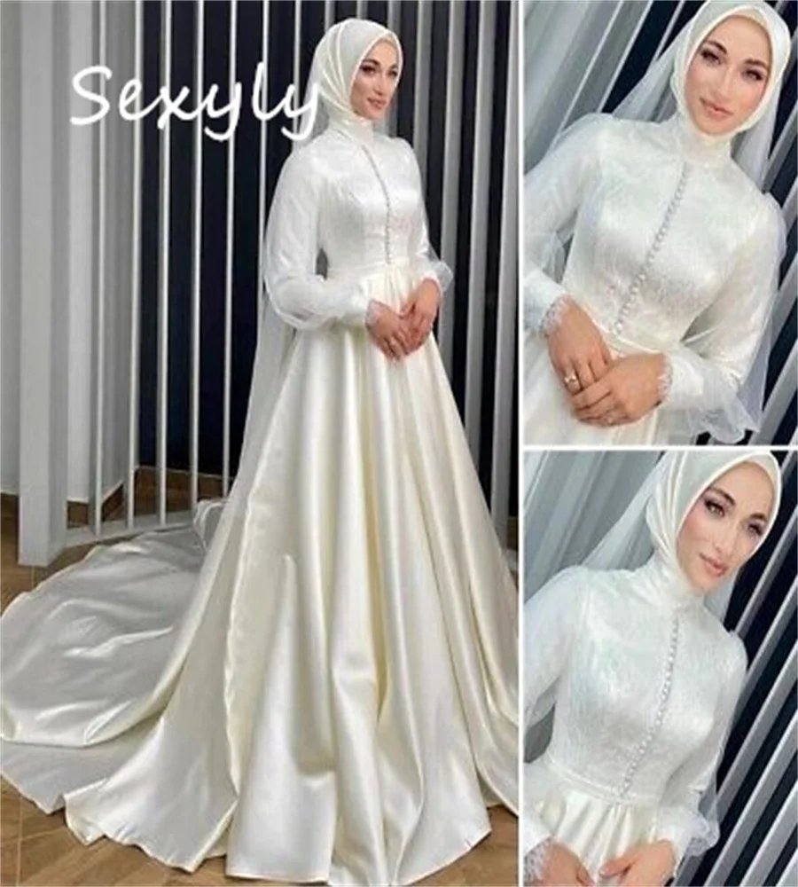 

Elegant Muslim Boho Wedding Dress 2023 High Neck Long Sleeve A Line Beach Bohemian Bride Dresses Chic Women Soft Satin Bridal