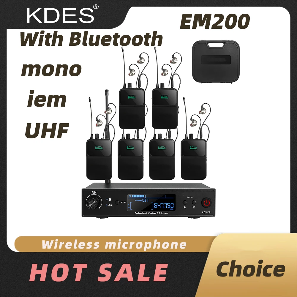 Sistema de monitoramento intra-auricular sem fio KDES EM200 UHF mono, sistema de retorno sem fio para palco com monitor Bluetooth intra-auricular (IEM).