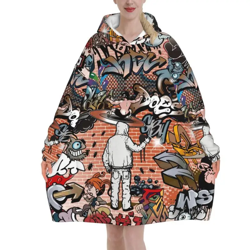Hip Hop Graffiti Art Print Wearable Blanket Hoodie Women Sherpa Oversized Sweatshirt Graffiti Doodle Warm Cozy Fleece Blanket
