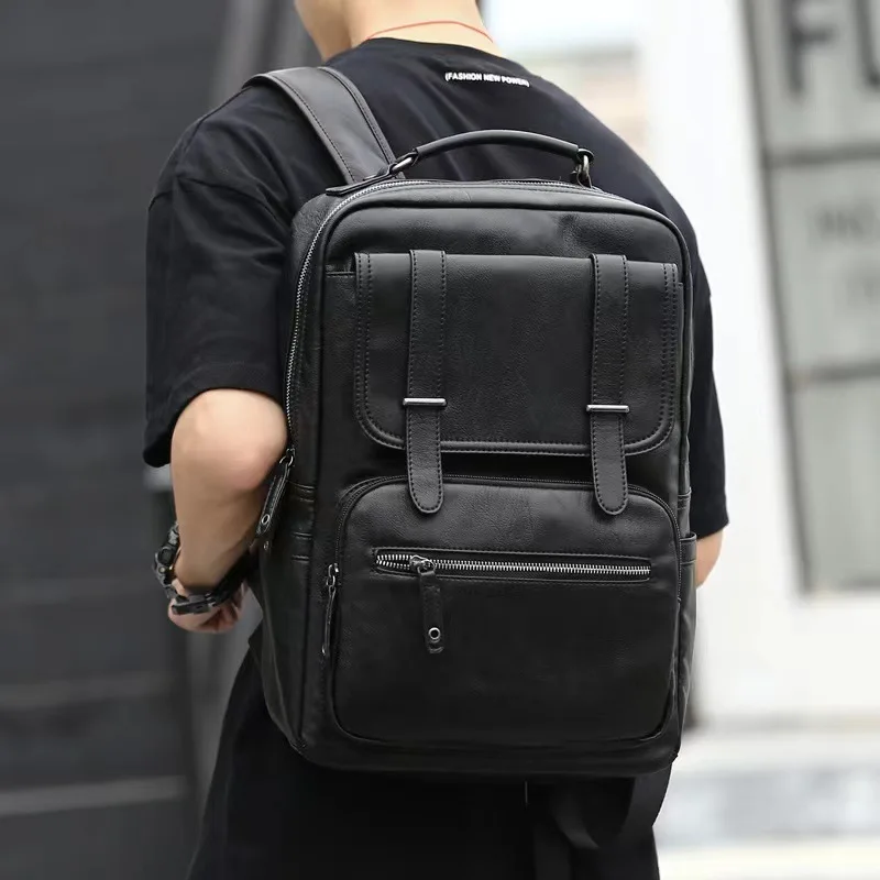 Fashion Flap Backpack Men Large Capacity 15.6 Inch Laptop Backpacks For Men Soft PU Leather Travel Backpack Student Schoolbag