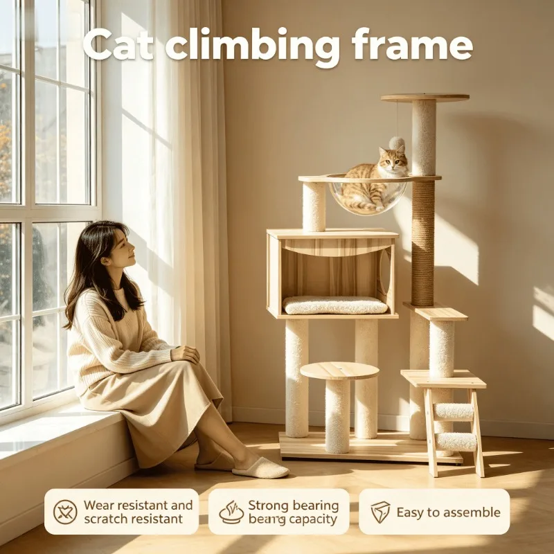 Purrfect Haven - Árbol para Gatos Moderno de Varios Niveles con Cama de Felpa y Poste Rascador - Torre Interior con Doble Cápsula Espacial para Gatos