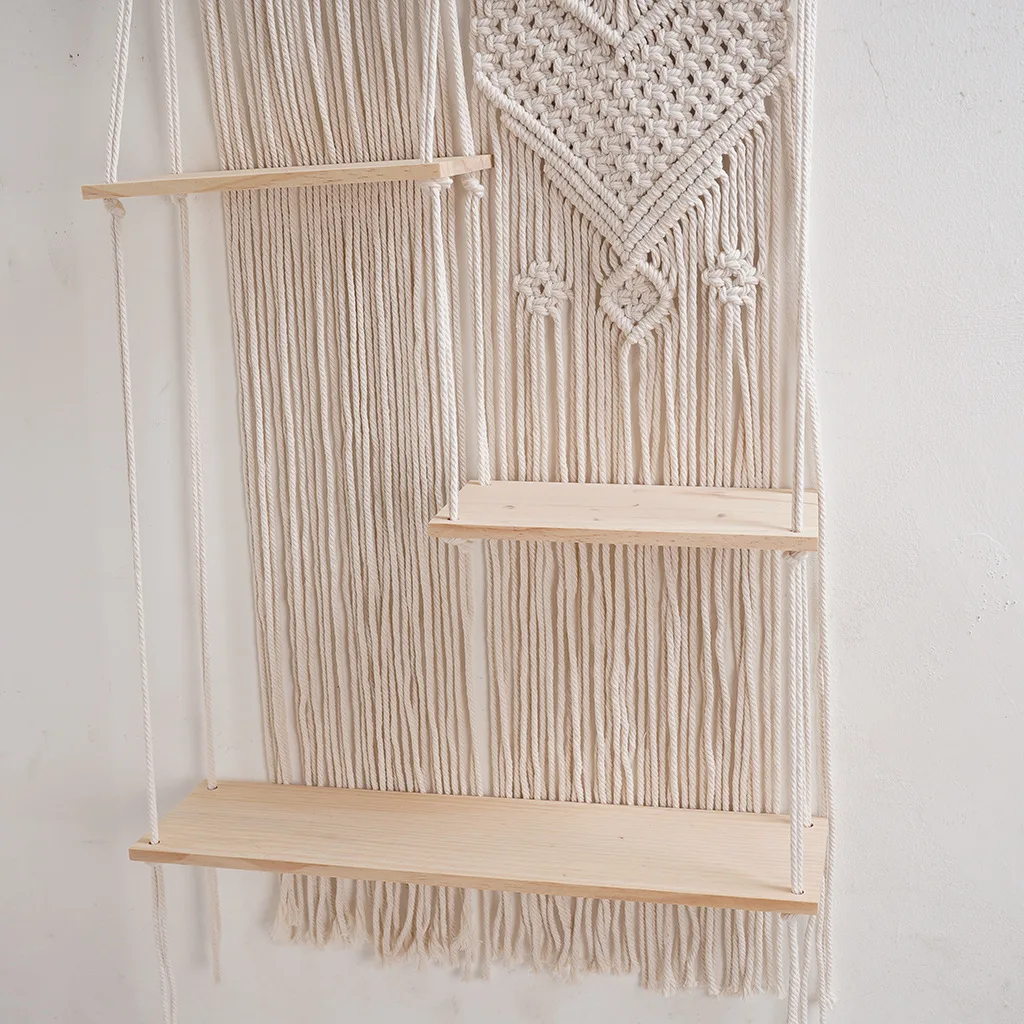 Three Asymmetric Wooden Planks Boho Macrame Wall Hanging Shelf Handmade Woven Cotton Rope Tapestry Bohemian Home Decor Storage