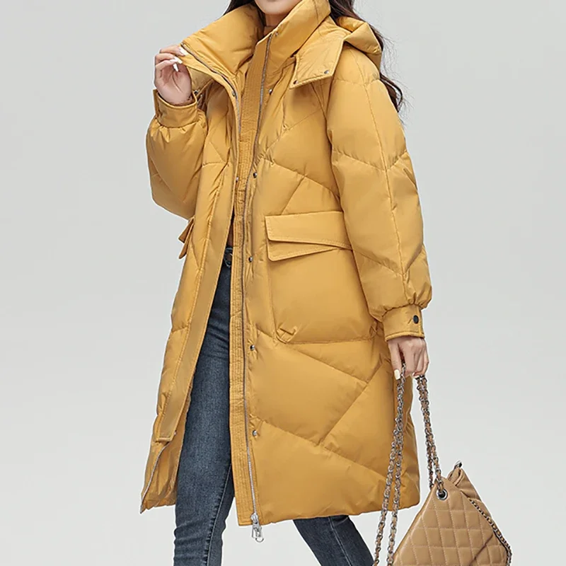 Women Zippers Hooded Down Coat Pocket Thicken Thermal Long Coat Buttons Long Sleeve Causal Coat Office Parkas Autumn Winter