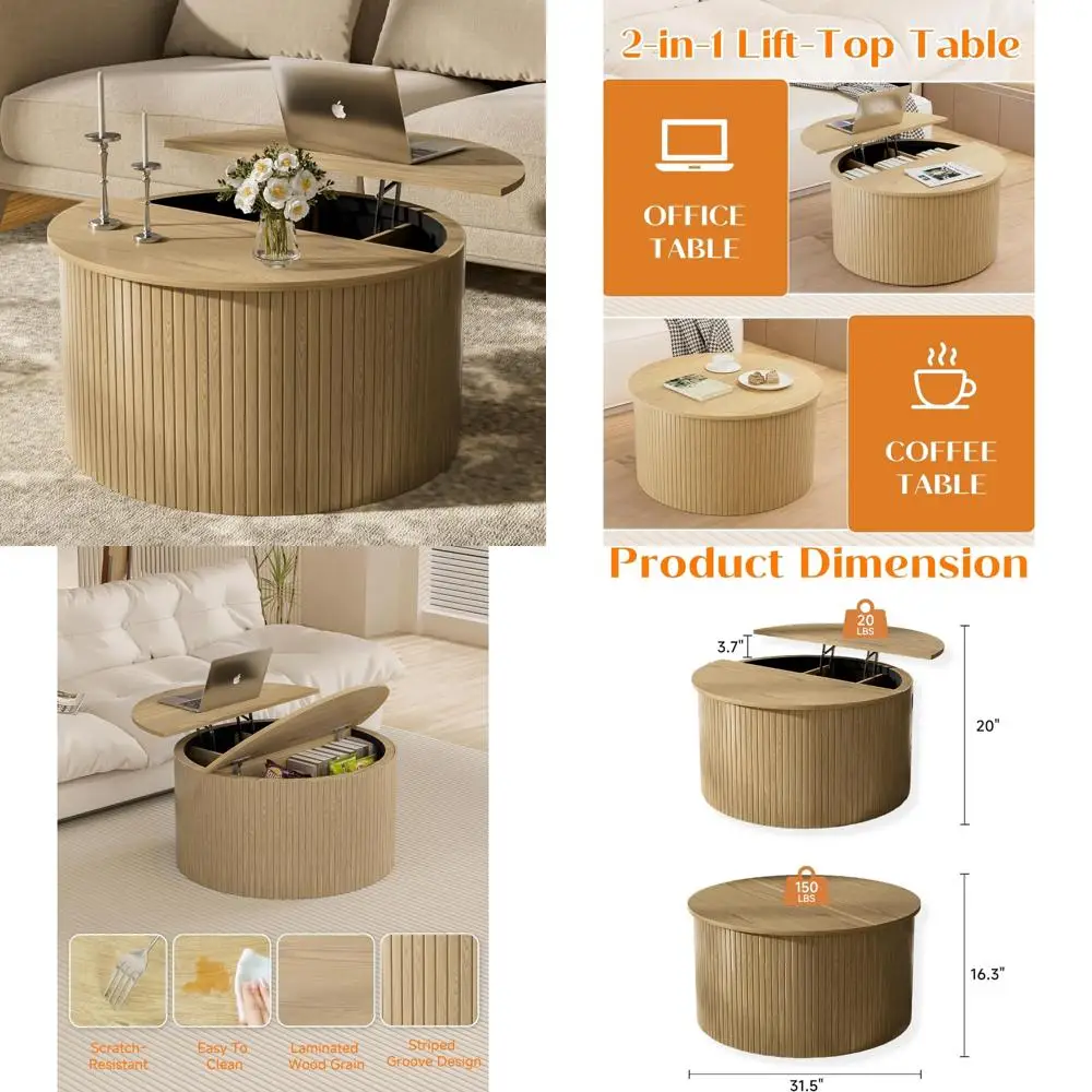 

Fluted Round Coffee Table with Lifting Top, 31.5 Oak Small Circle Coffee Table with Storage for Living Room