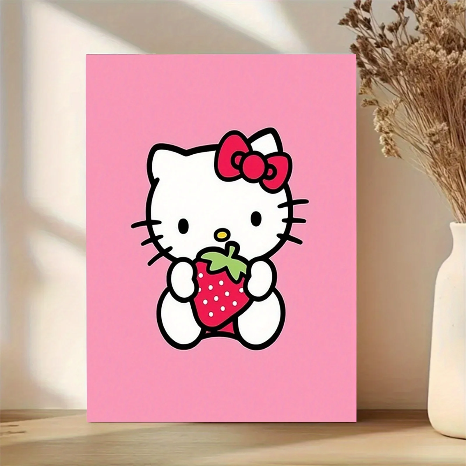 2D Flat, 2D Flat, 2D, Flat Painting, Frameless Canvas Print, Featuring Hello Kitty with a Strawberry Bow, Size Is 11.81X 16.5
