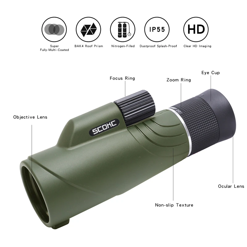 

SCOKC Zoom Monocular 10-20x50 Bak4 Prism Powerful Telescope Monocular Waterproof Hunting Goods for Camping