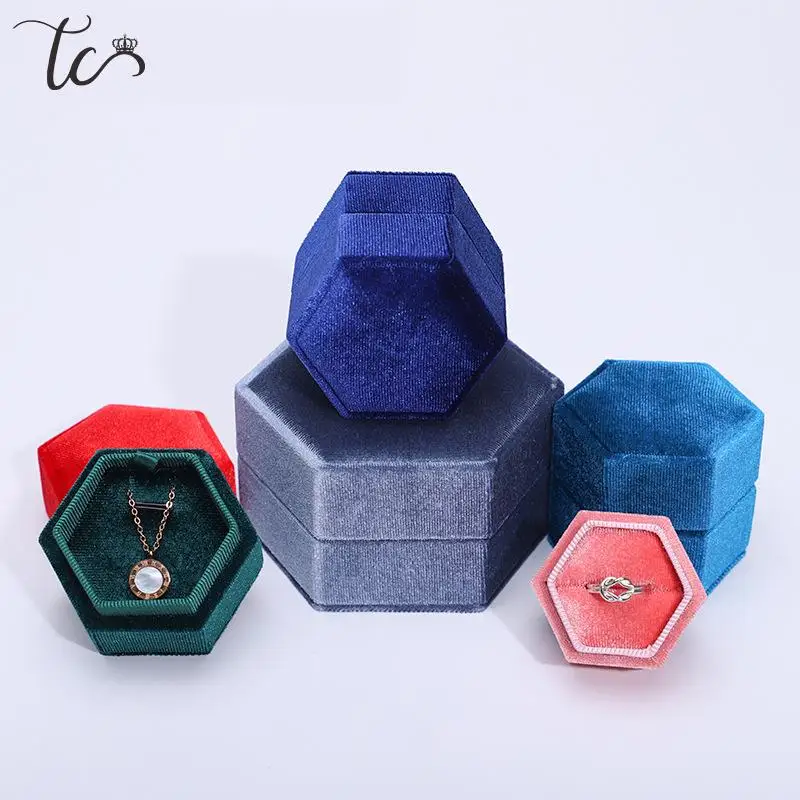 Joyero Hexagonal de terciopelo para anillos, pendientes, collar, colgante, pulsera, caja de exhibición de almacenamiento, caja de regalo de propuesta de boda