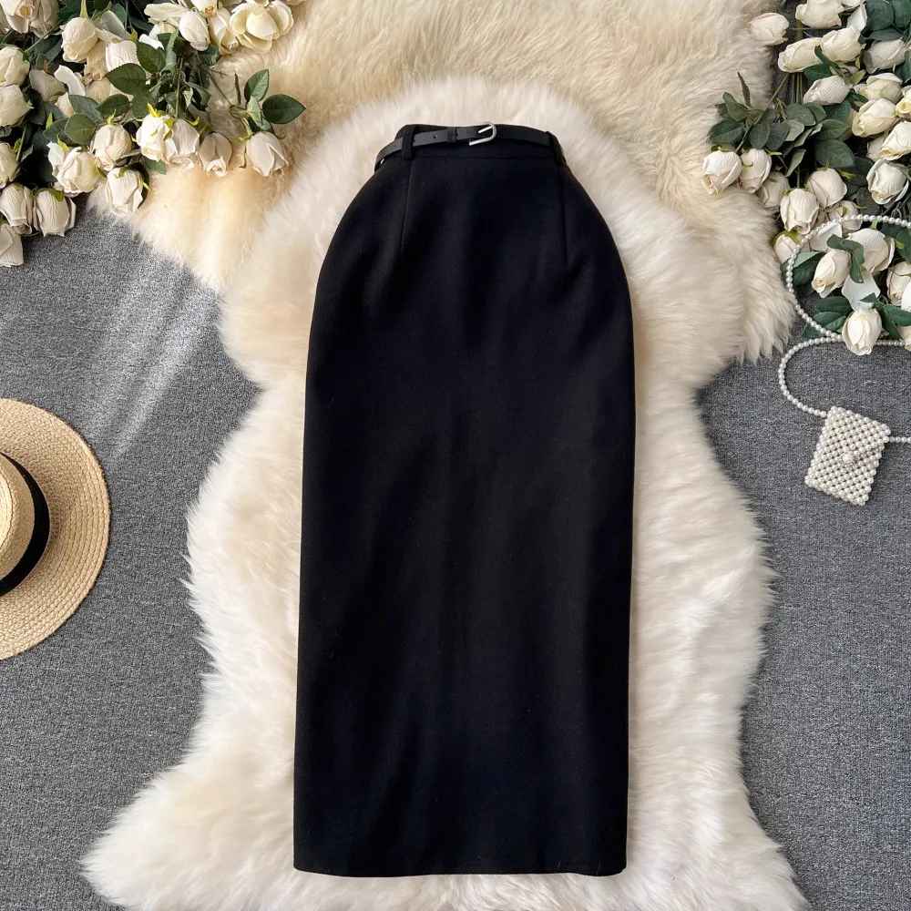 Neploe Korea Chic Woolen High Waist Belt Faldas Elegant All-match Slim Bodycon Skirt Straight Mid-length Vent Women Mujer Falda