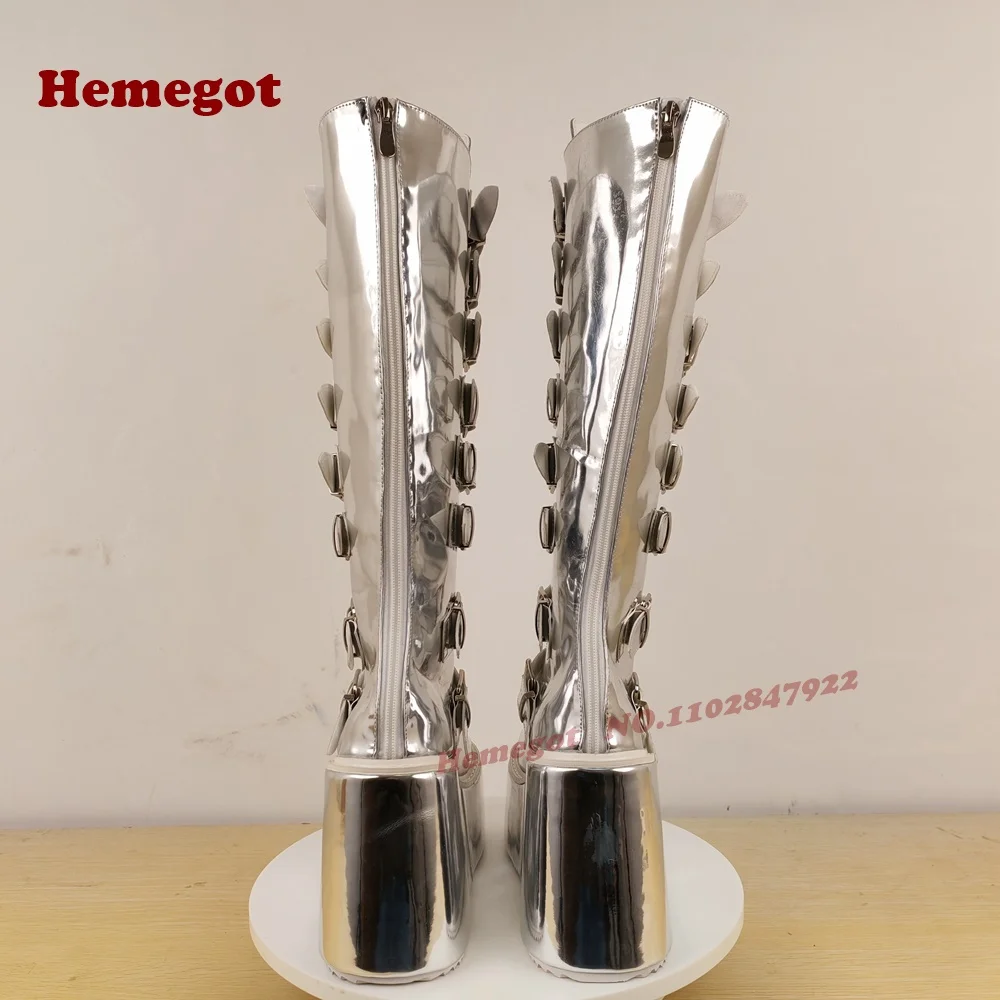 Silver Platform Belt-Buckled Boots Round Toe Wedges Metal Decor Women's Knee High Boots Glossy Gothic Punk Shoes Thick Soled view 5