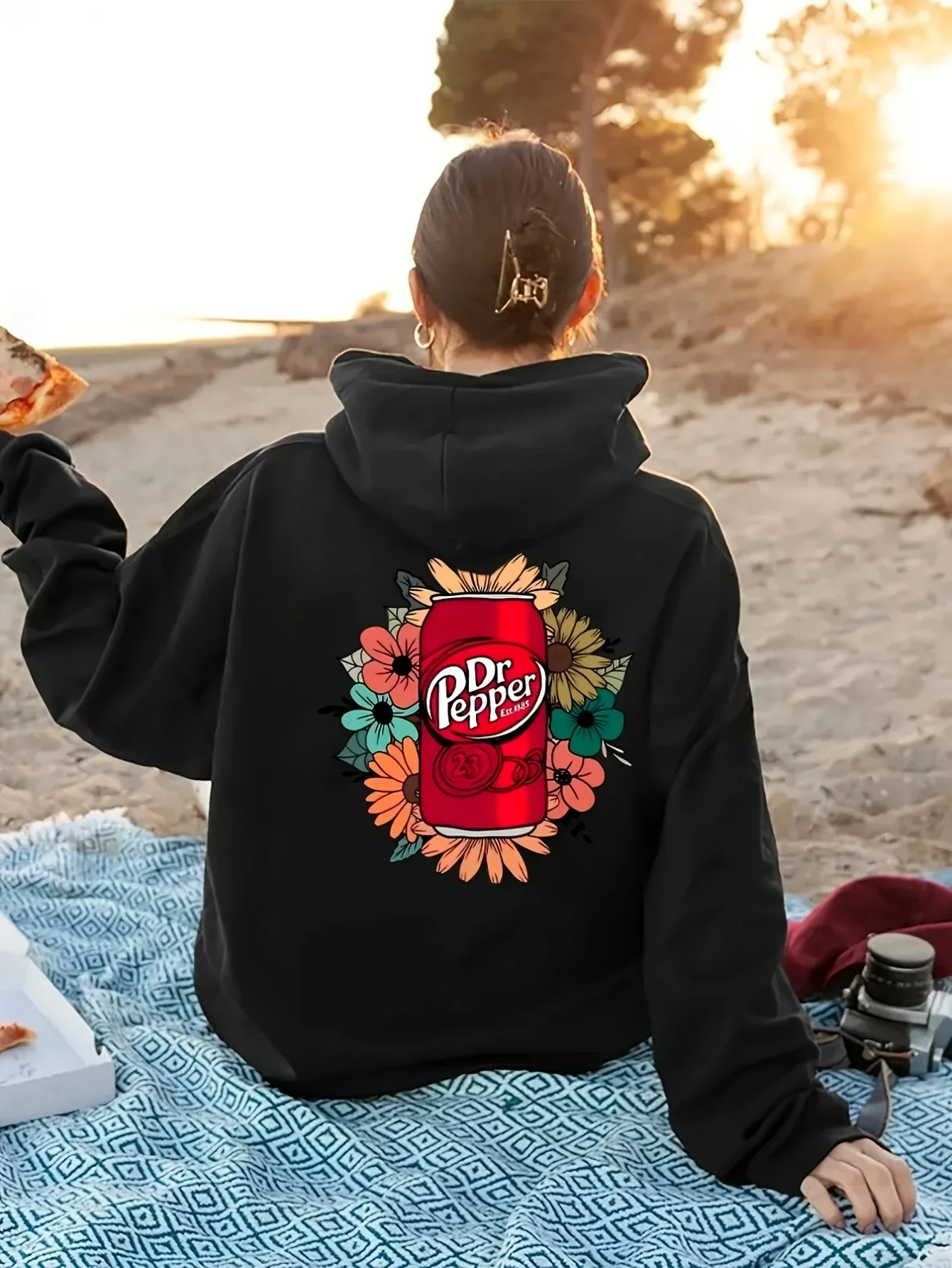 Floral Dr Pepper Graphic Women's Casual Drawstring Hoodie Comfortable Personality Street Fashion Autumn and Winter Keep Warm