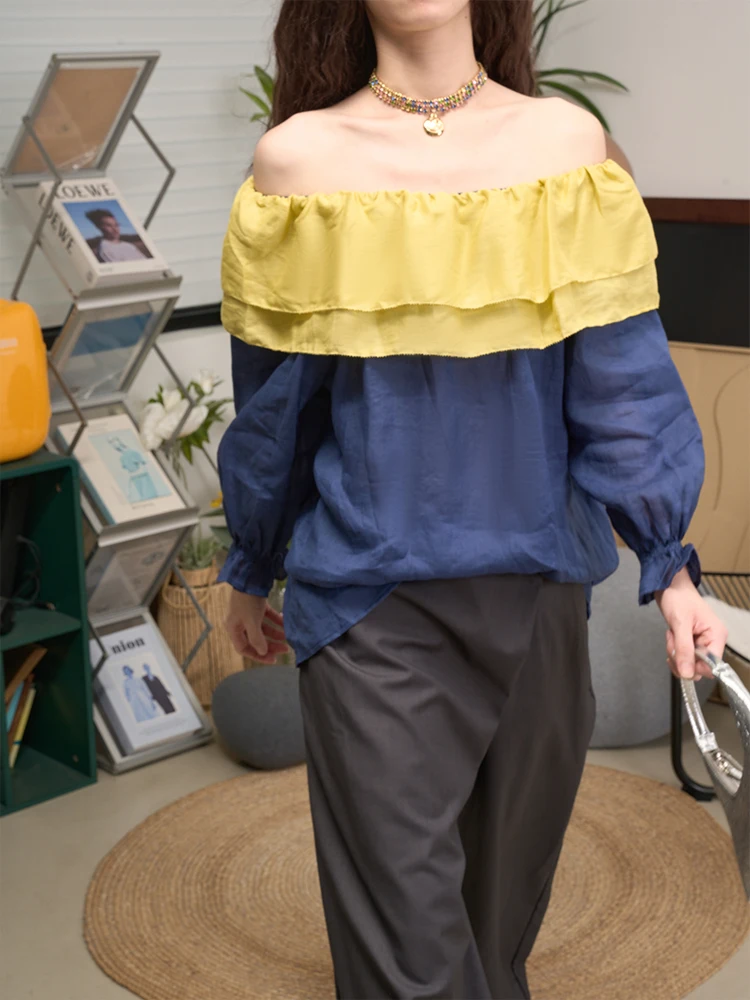 

French Sle Linen irt LANVIVIER Lace Trimmed One oulder Lantern Sve Patchwork Color Blo Loose Fit Women's Blouse