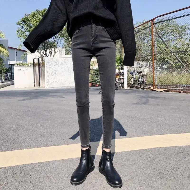 Ankle-length Jeans Women Skinny Fashion Simple Students Slight Strech Daily Spring Solid Korean Style High Waist All-match Cozy