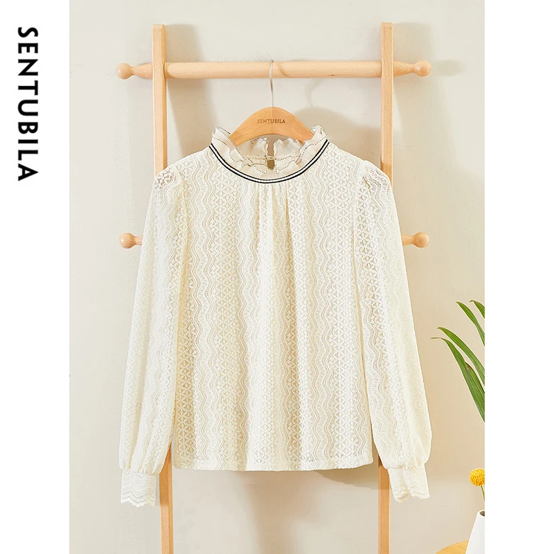 SENTUBILA Office Lady Lace Blouse Women 2024 Fall Winter Elegant Spliced Ruffles Neck Lantern Sleeve Shirts & Blouses 143S58026X