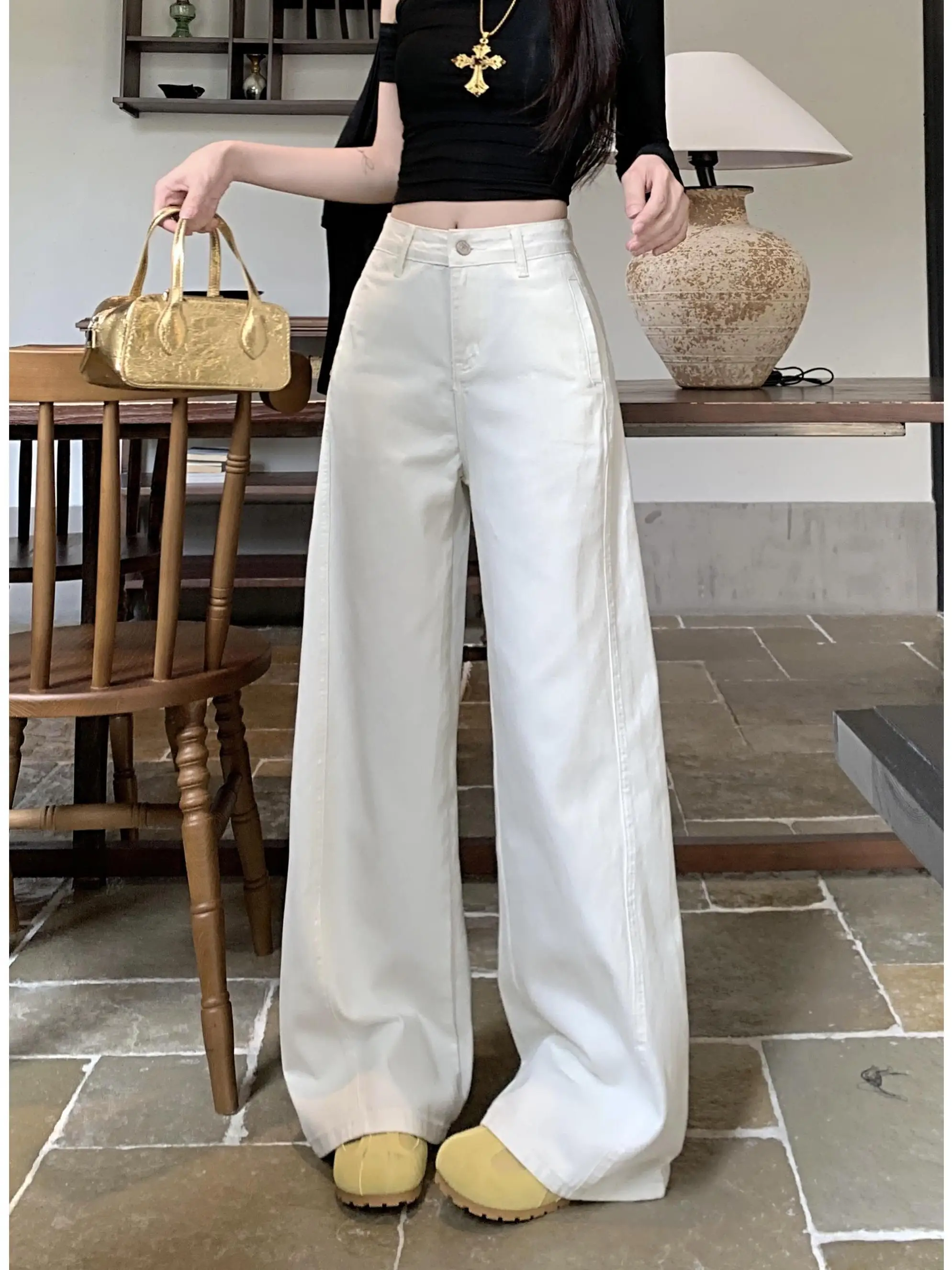 

High Waist Wide Leg Floor Length White Jeans Women's Summer Loose Fit Casual Straight Lazy Draping Long Trousers