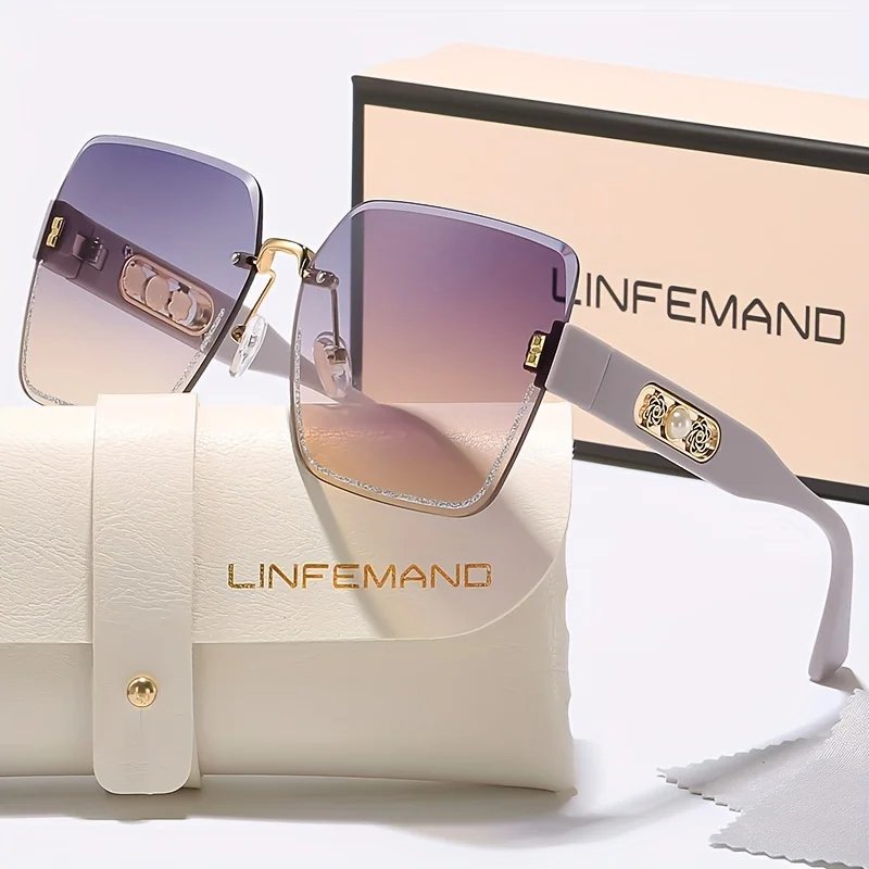 LINFEMAND Rahmenlose Mode-Sonnenbrille mit Farbverlauf, Perlen-Blumendekoration, Kunststoffrahmen mit Etui für Damen, Sommer-Festival-Geschenk – Detail 9