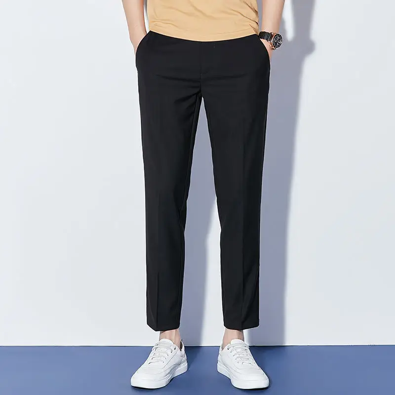 2024 Summer New Trousers Men Solid Color Pockets Button Zipper High Waisted Slim Straight Business Office Lady Casual Suit Pants