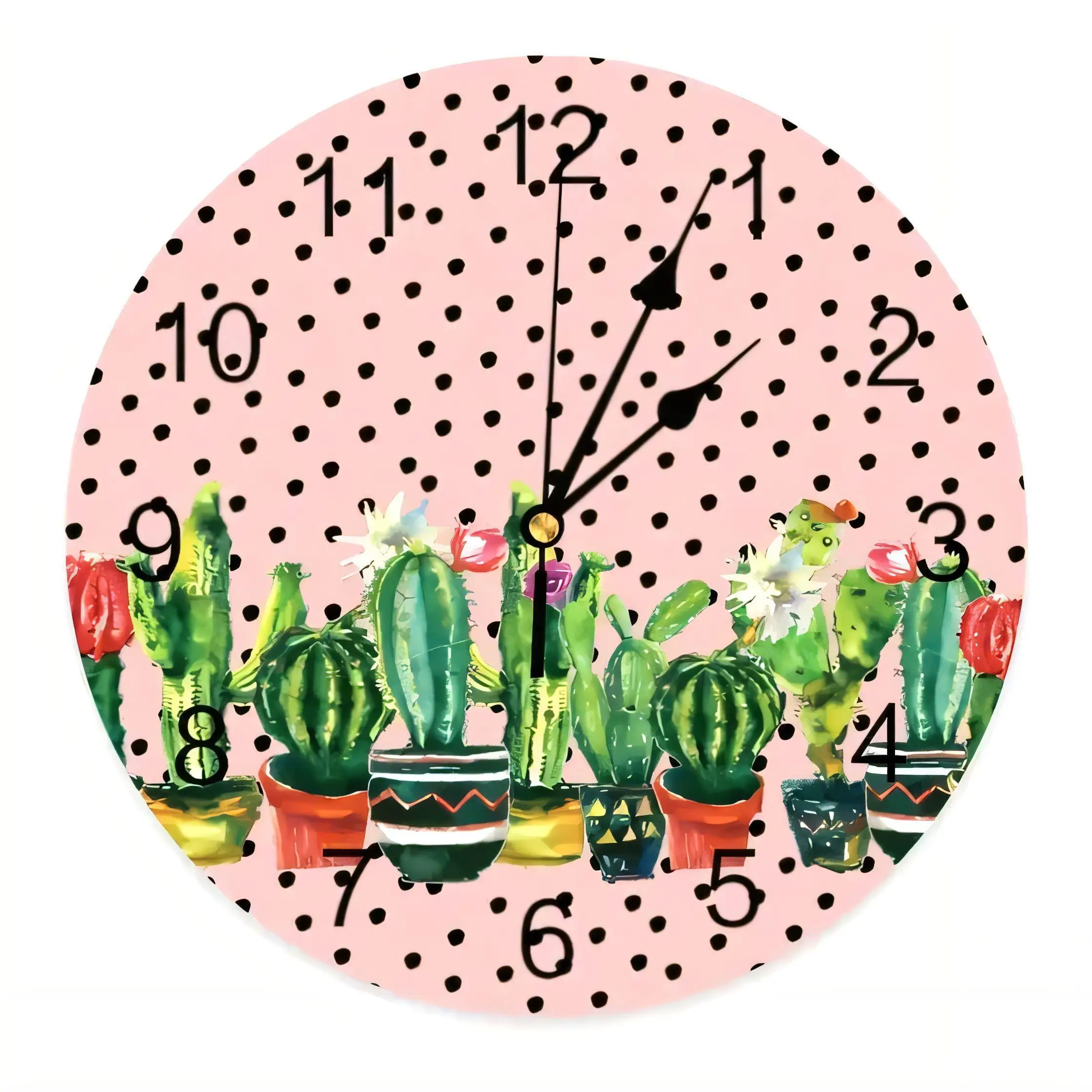 Round Wall Clock with Pink Polka Dots Cactus Pattern Colorful Decorative Home Office Silent Non Ticking Battery Operated