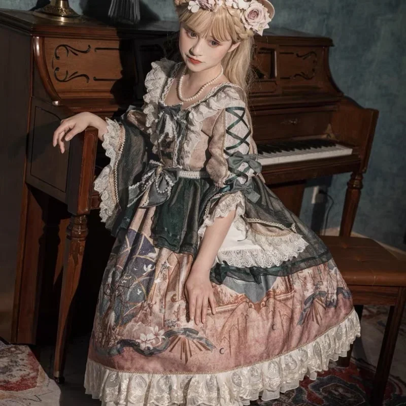 Vestido de Lolita para mujer, disfraz de Cosplay de Deer Ode, pintura al óleo con mango, precioso vestido de Lolita, temperamento elegante, industria pesada