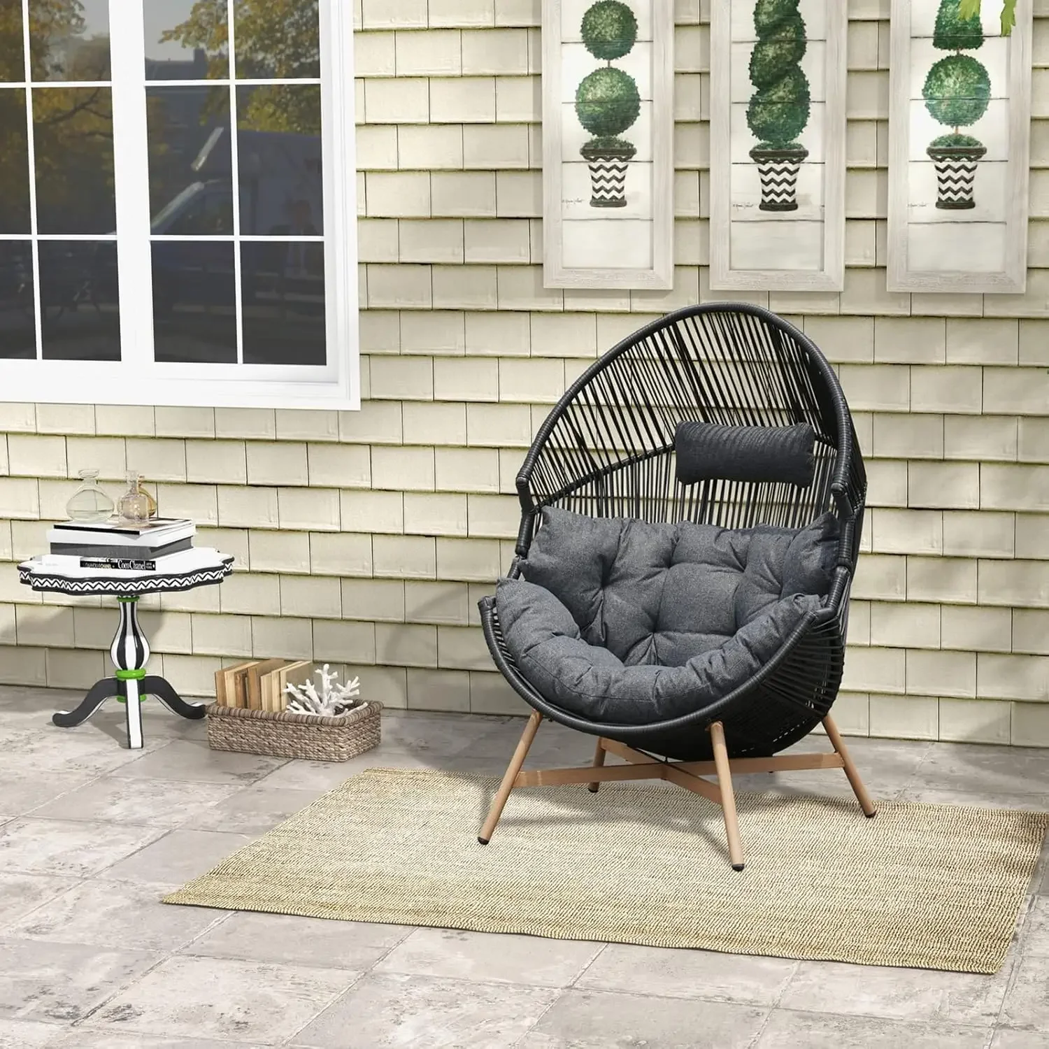 Outdoor & Indoor Egg Chair 2PC, PE Wicker Open Weave Wood Grain Finish Oversized Egg Cocoon Chairs  Comfortable(Dark Grey 2PC)