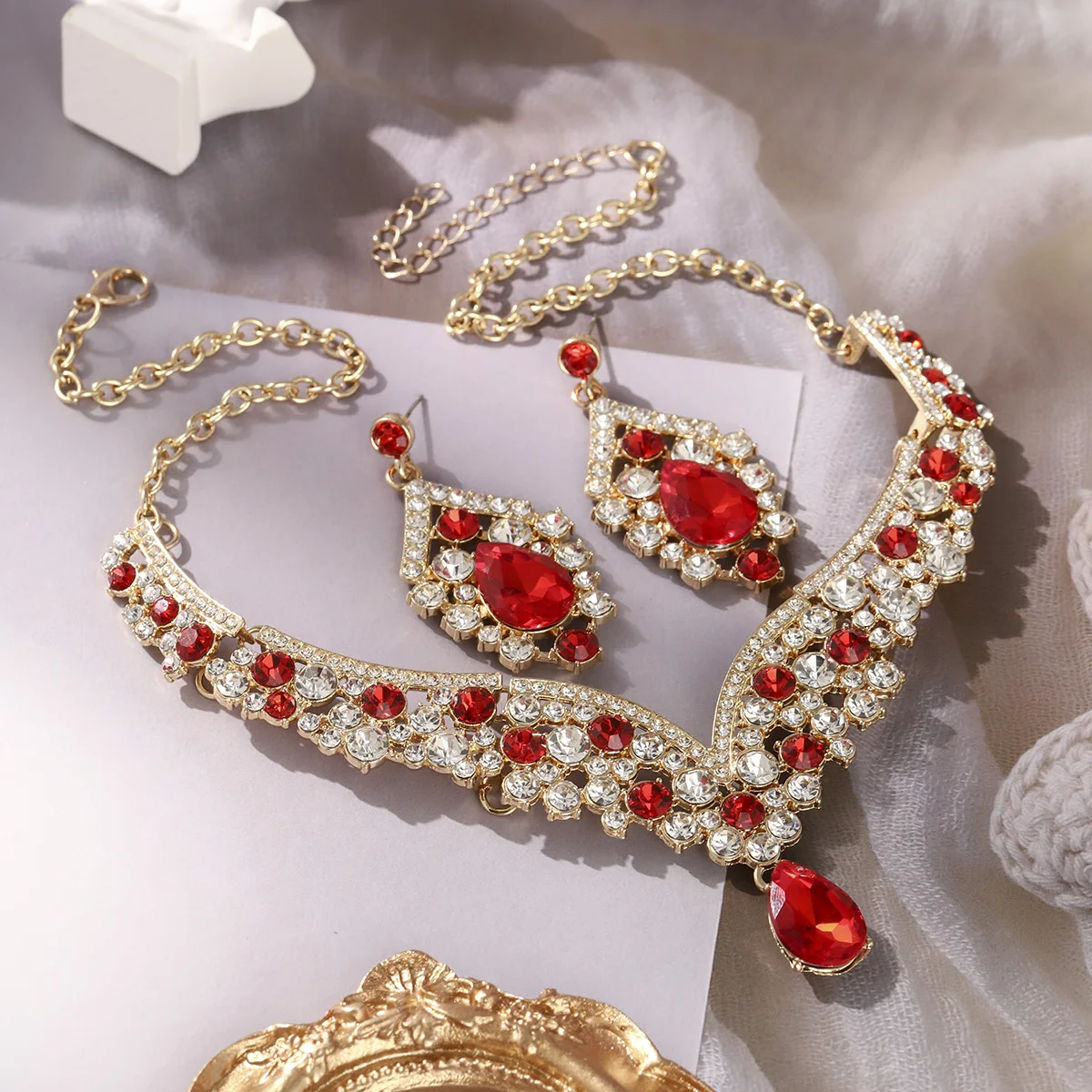 

Роскошное свадебное ожерелье и серьги в стиле ретро, комплект из 3 предметов, кулон с кристаллами в стиле барокко, большое ожерелье для женщин, модные украшения для свадебной вечеринки