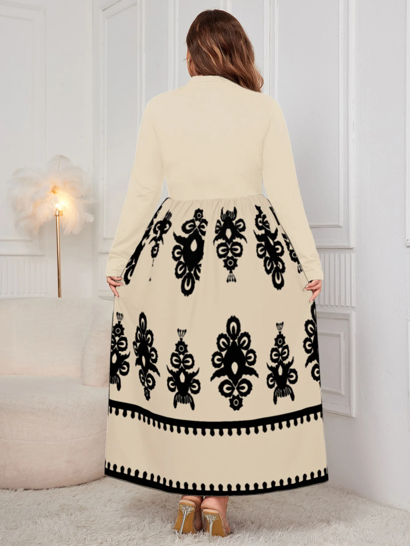 High Waist Printed Plus Size Loose Long Sleeve Dress drag queen dress ballroom dance competition dresses