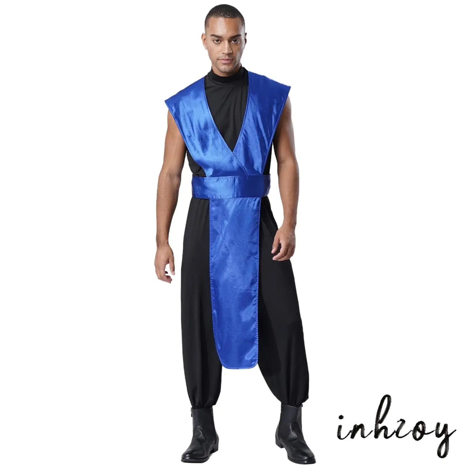 

Adult Mens Fighter Dress Up Costume Halloween Cosplay Outfit Sleeveless Jumpsuit with Invisible Zipper And Satin Cover Up