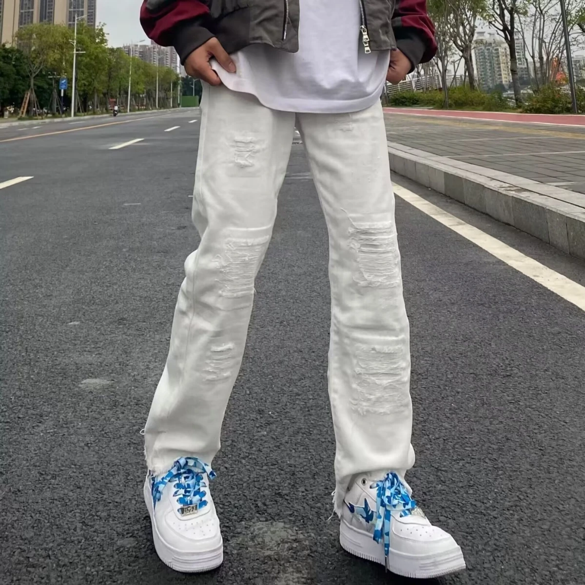 

Cleanfit White Ripped Denim Jeans Men's Summer American Retro Sle Extended Tall Micro Flared Pants mid Waist Cotton Polyester