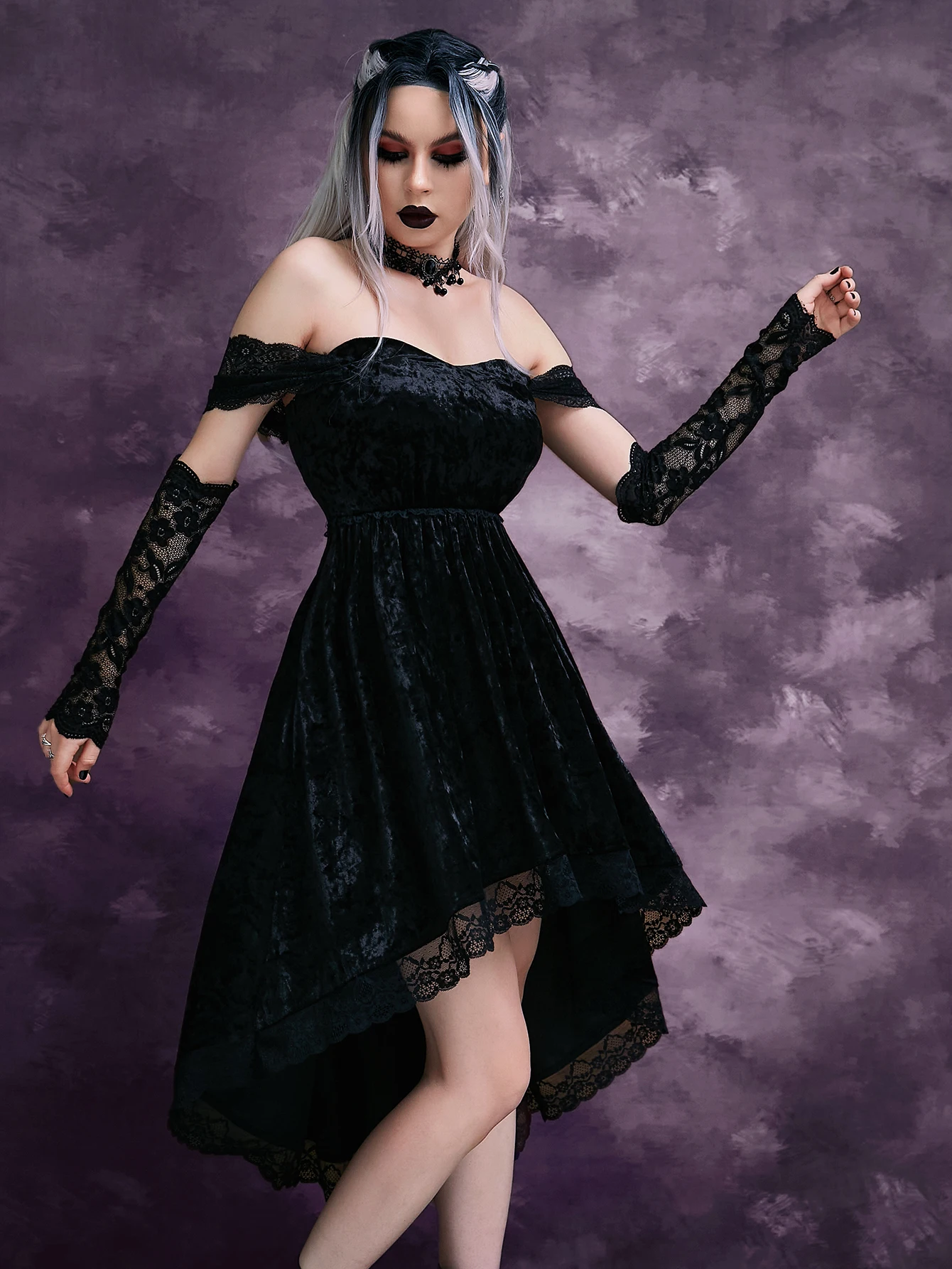 Bold Shade Velvet Elegant Off Shoulder Gothic Dresses Grunge Aesthetic Lace Trim Aline Evening Outfits Women Sexy Slim Alt Dress