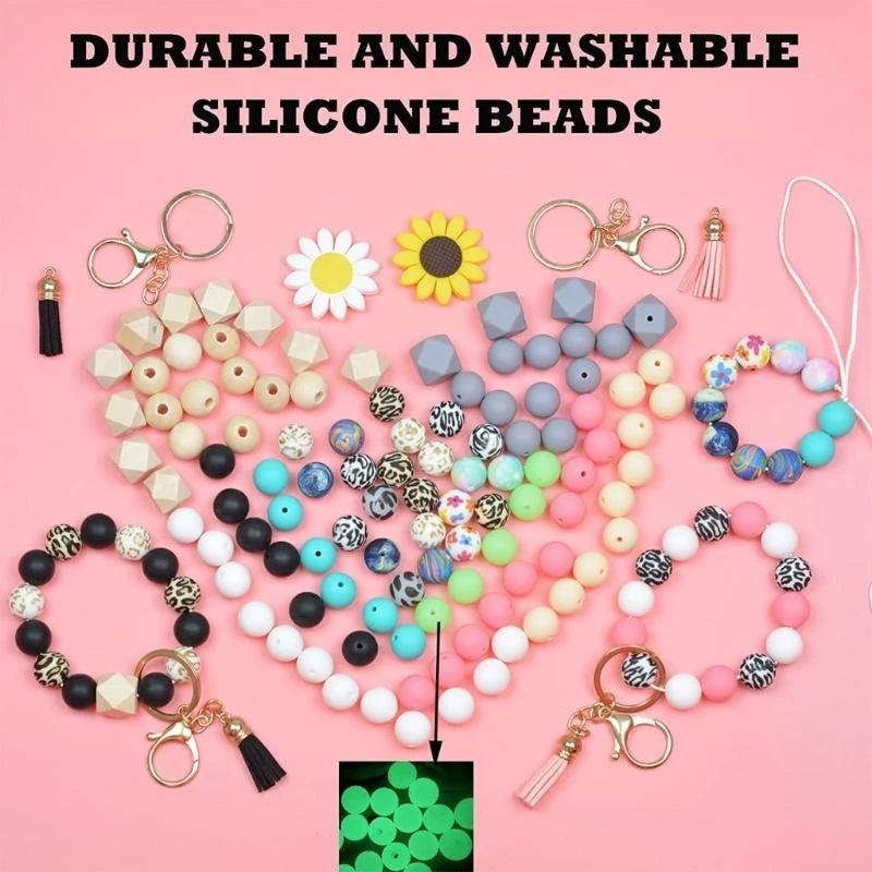 DIY 실리콘 비즈 팔찌 만들기 자동차 키 체인 탄성 열쇠 고리 술 페르시 열쇠 고리 액세서리 라운드 비즈 키트 15UB