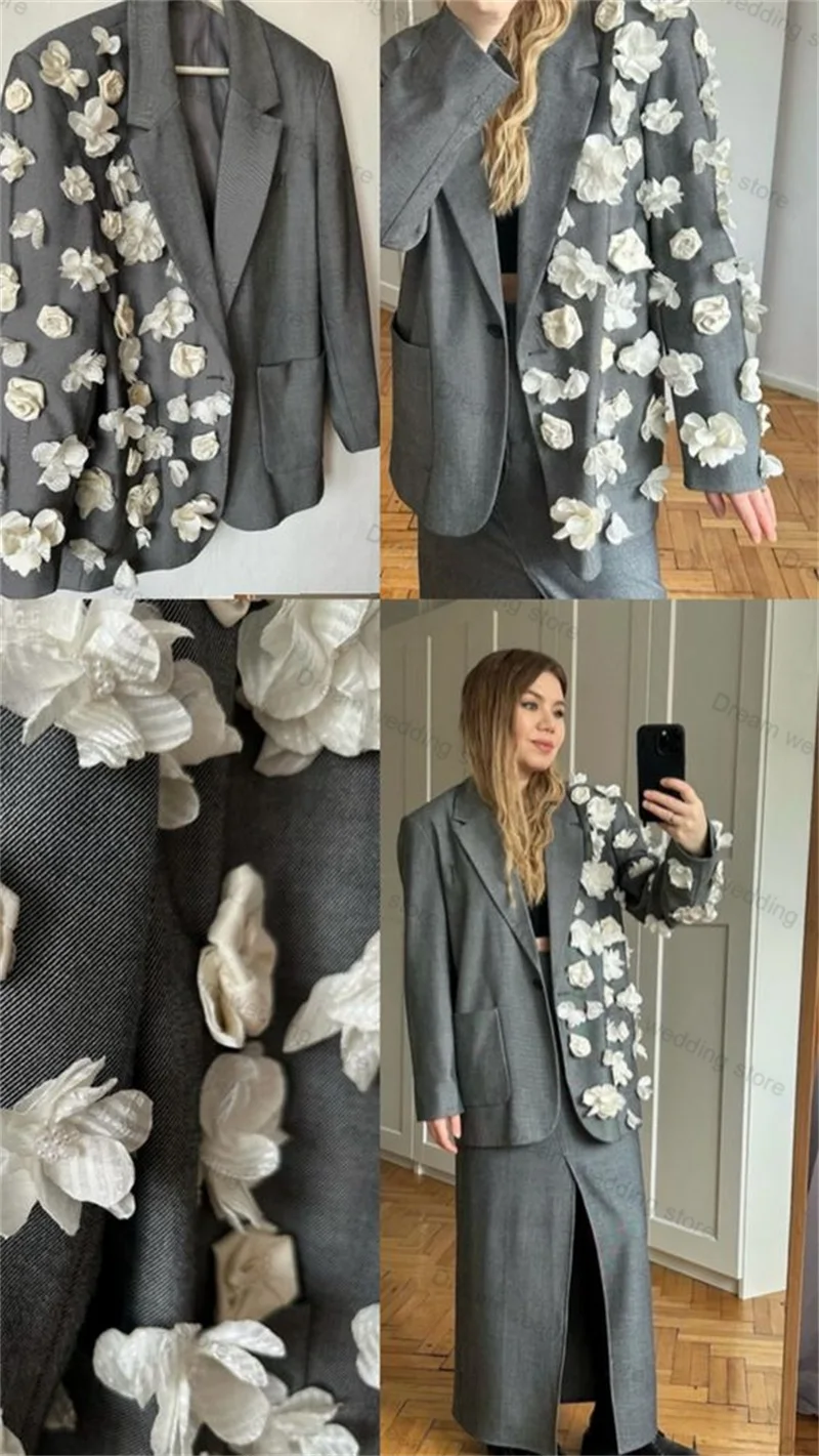 

Grey 2 Pieces Women Suits Skirt Set Blazer+Long Prom Dress Wedding Tuxedo 3D Flower Appliqued Tailored Size Party Jacket Outfit