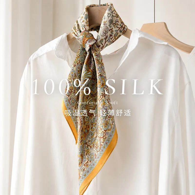 New 100% Mulberry Silk Square Scarf 65x65cm Retro Vintage Print Neckerchief Shawl for Women Comfortable Lightweight Bandana Wrap