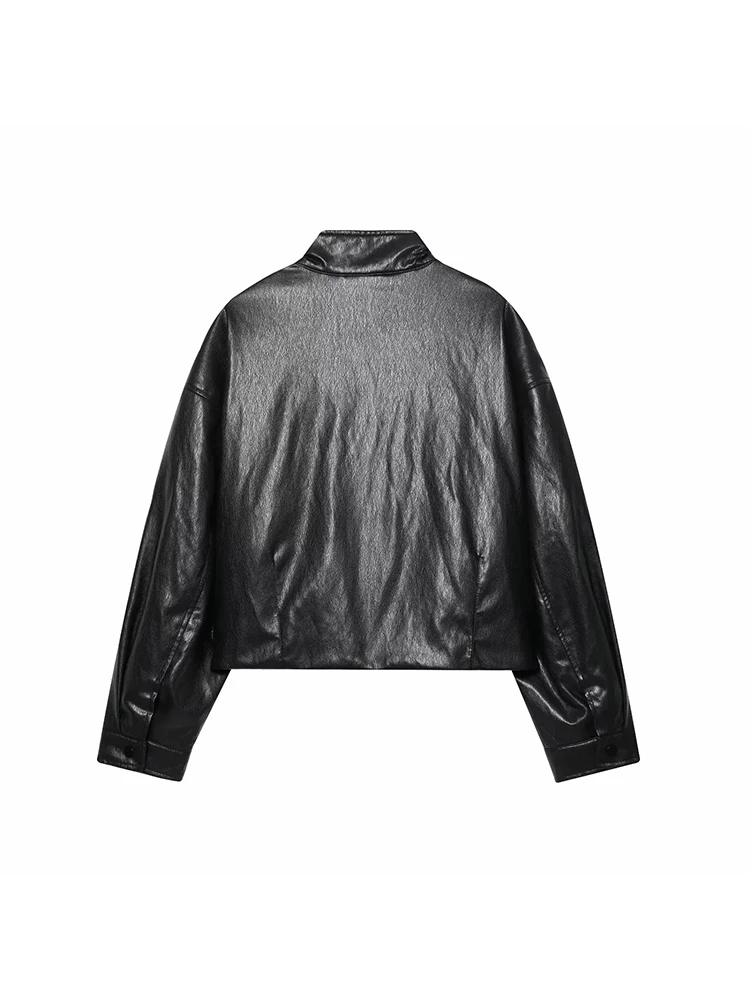 Jaqueta Feminina Nova de Primavera, Moda Simples, Solta, de Gola Alta, Manga Longa, Jaqueta de Couro Sintético, Casaco Curto Feminino