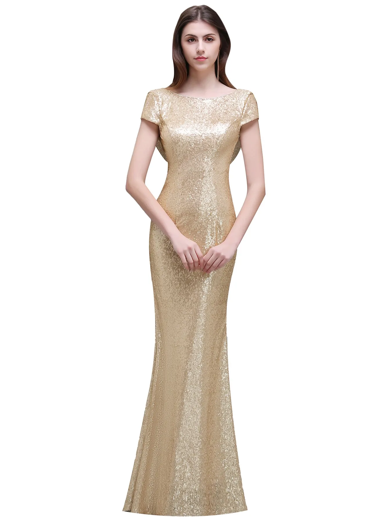 Women\'s Glitter Mermaid Dresses Shiny Sequins O Neckline Backless Short Sleeves Gowns Slim Trumpet Wedding Bridesmaid Dress