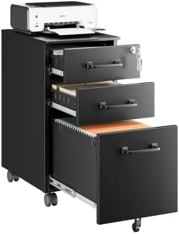 3 Drawer Mobile File Cabinet with Lock,Under Desk Metal Filing Cabinets for Home Office Organizer,Small Rolling Printer