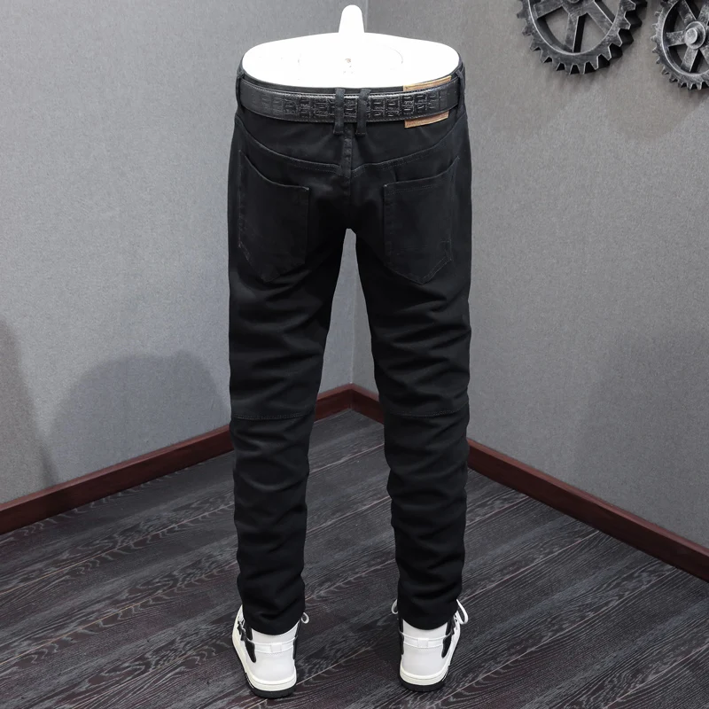 Fashionable new men's jeans with zipper decoration, washed, nostalgic, stretchy, slim fit, retro black jeans, designer pants, Y2