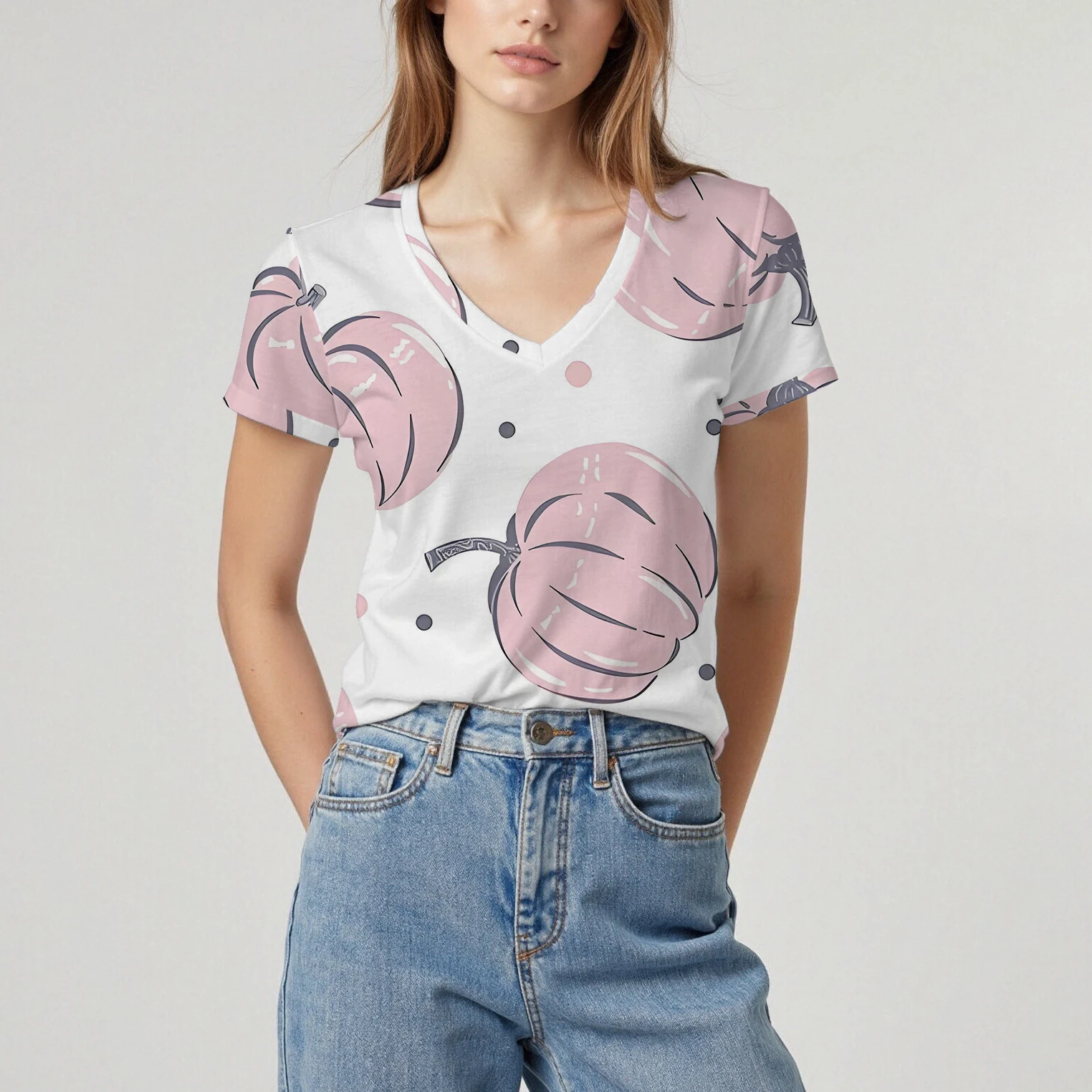 

Summer women's short-sleeved V-neck T-shirt with Christmas pumpkin and Christmas hat pattern for casual and comfortable wear