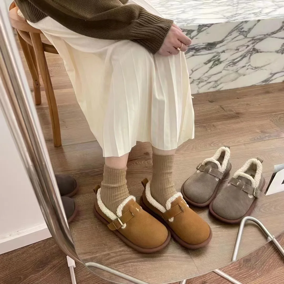 2024 New Women's Fleece Shoes Winter Warm Snow Boots Thick Sole Round Head Comfort Cotton Shoes Casual Bean Shoes Loafers Urban