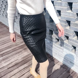 New Women Genuine Leather Skirt Knee-Length Female Slit Sewing High Waist Jupe Mujer Straight Mid-Length Chic Faldas lattice