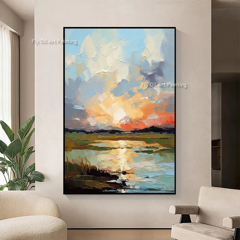 Large Hand Painted Nature Landscape Canvas Oil Art, Vibrant Sunset Lake Palette Knife Textured Wall Decor