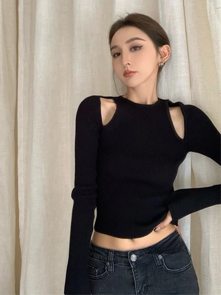 

Вязаный свитер с колючками, женский облегающий внутренний свитер, Bla Base irt ort, длина, топ на правое плечо, повседневный вязаный топ...