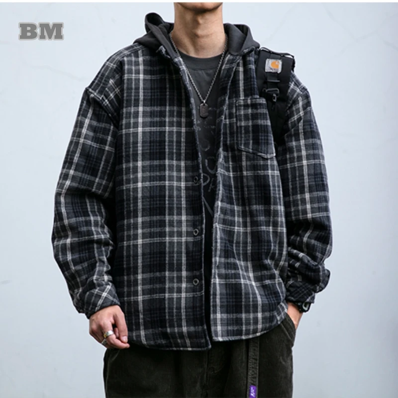 High Quality Thick Jacket Japanese Vintage Color Contrast Plaid Padded Jacket Men Winter Harajuku Casual Fashion Padding Coat