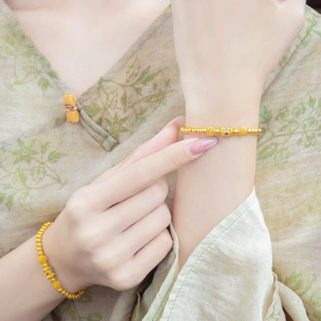 

Women's Lucky Bead Bracelet, 24K Gold, AU999 | "Stability" engraving with clover motifs, subtle professional charm.