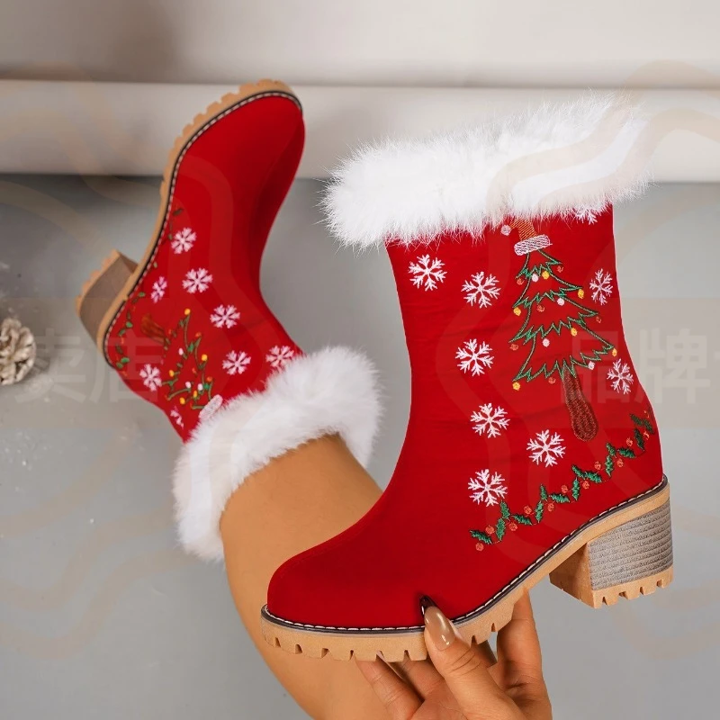 Christmas Womens Shoes Exquisite Embroidery Mid Calf Boots for Woman Fashion Ultra Warm Snow Boots Designer Shoes Botas De Mujer