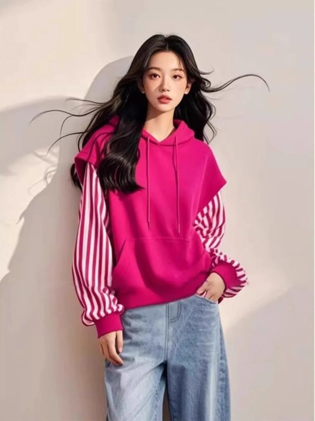 Dragon Fruit Color Hoodie Women's Long Sve Striped Top Faionable Spring Autumn Hooded Sweatirt Korean Sle Casual Wear