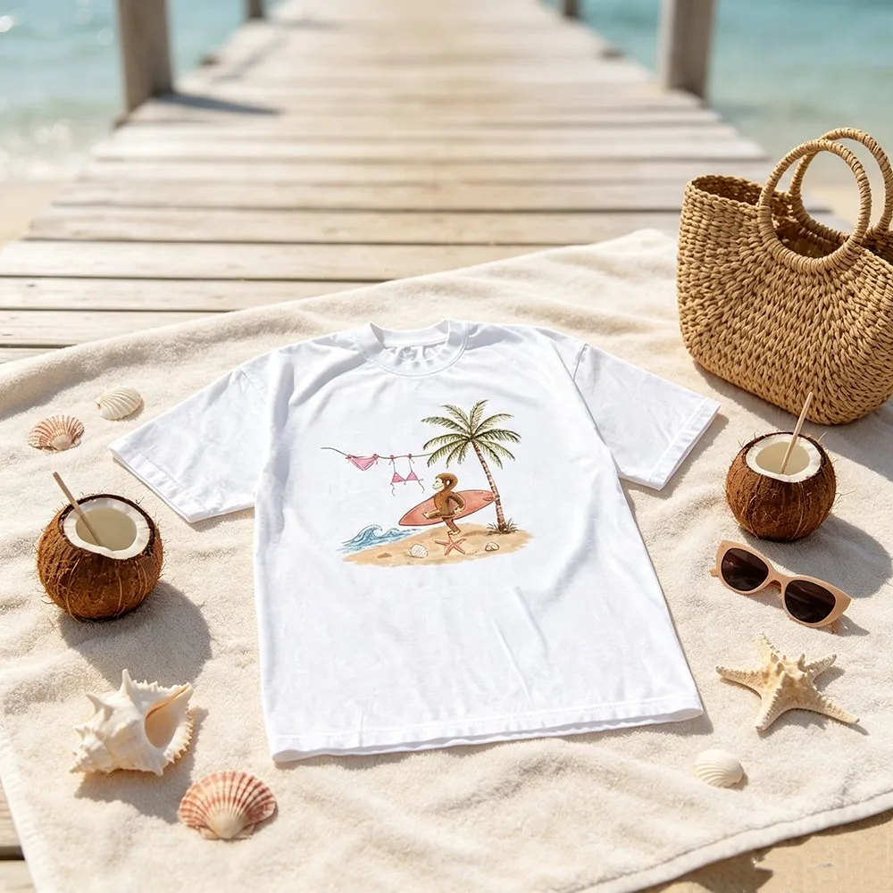 Vintage Beach Monkey Surfing Graphic T‑Shirt, Unisex Crew Neck Short Sleeve Tee, Hand‑Drawn Tropical Coast Palm Tree Print Casual Summer Vacation Streetwear Tops for Men Women party wear