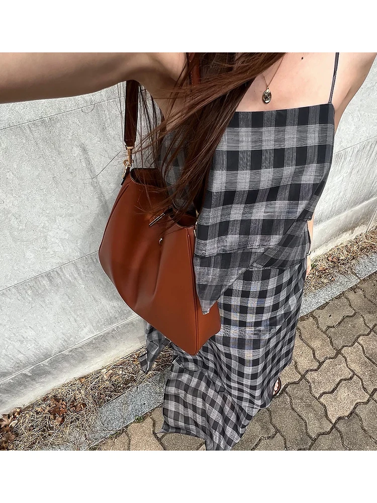 Schicker karierter Träger Dr. Damen-Sommer-Asymmetrisches Design Lang Dr. Casual Sle Ele Classy Maxi Dr von Dongda Gate